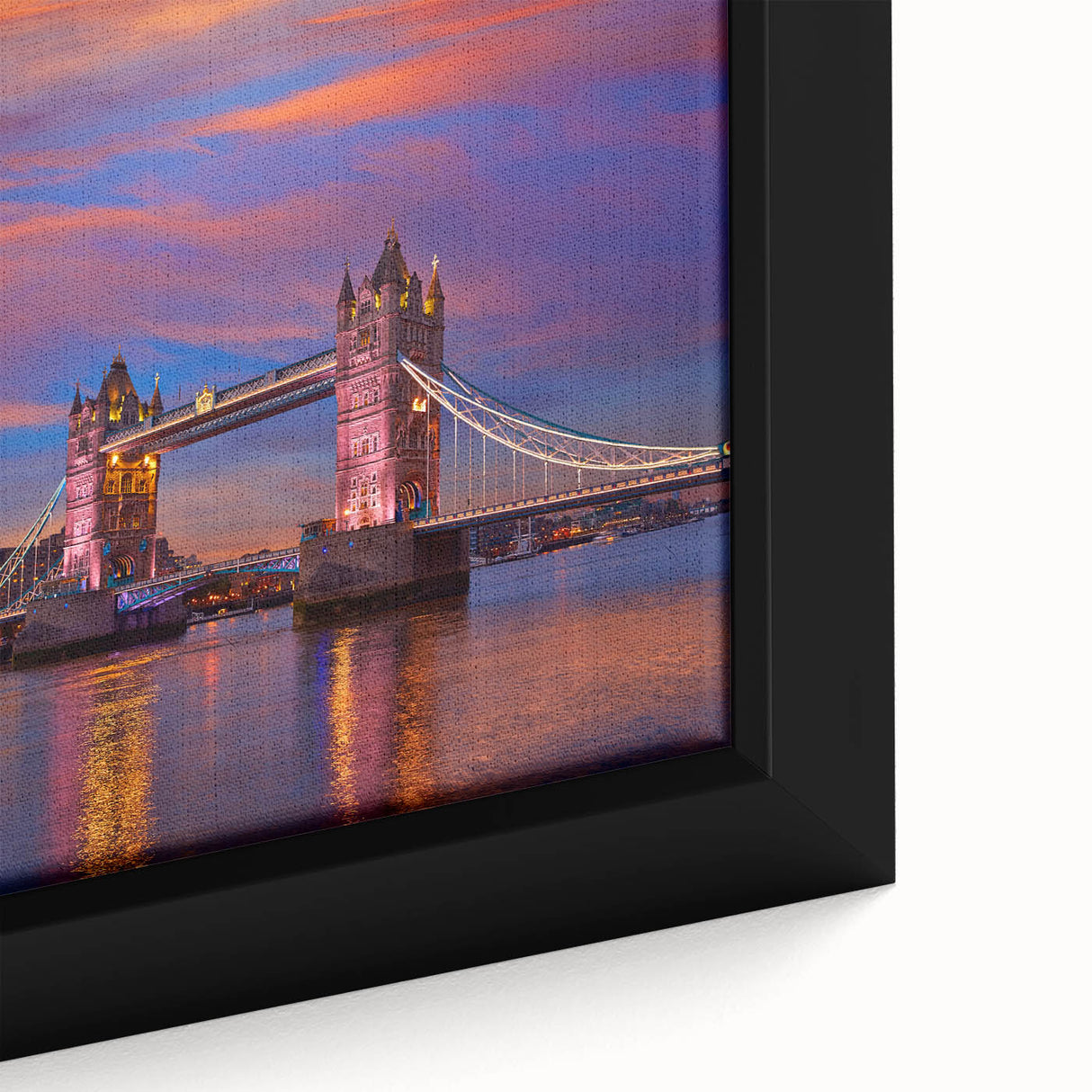 Extra large framed canvas of Tower Bridge with textured black and colorful art, ideal for living room decor.