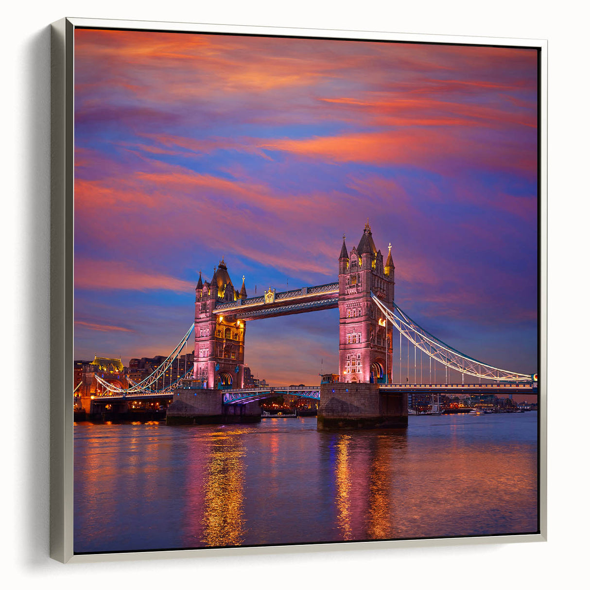 Landscape art painting of Tower Bridge in muted black and silver tones on a framed canvas, ideal for office decor.