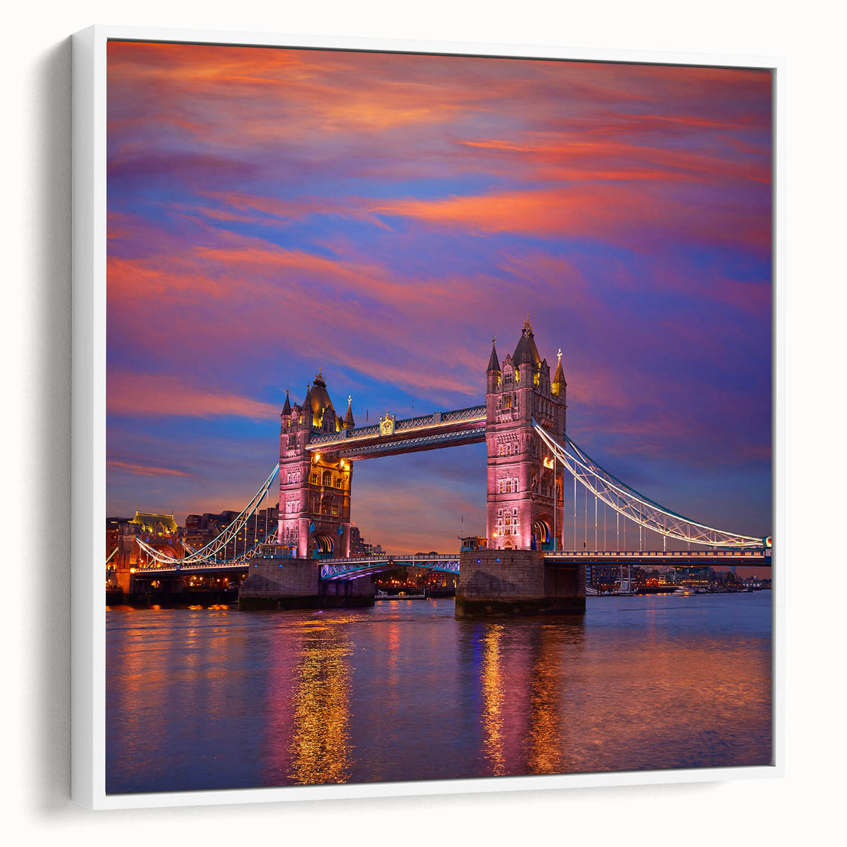 Vintage poster art of Tower Bridge in muted black and colorful accents on framed canvas, ideal for living room decor.