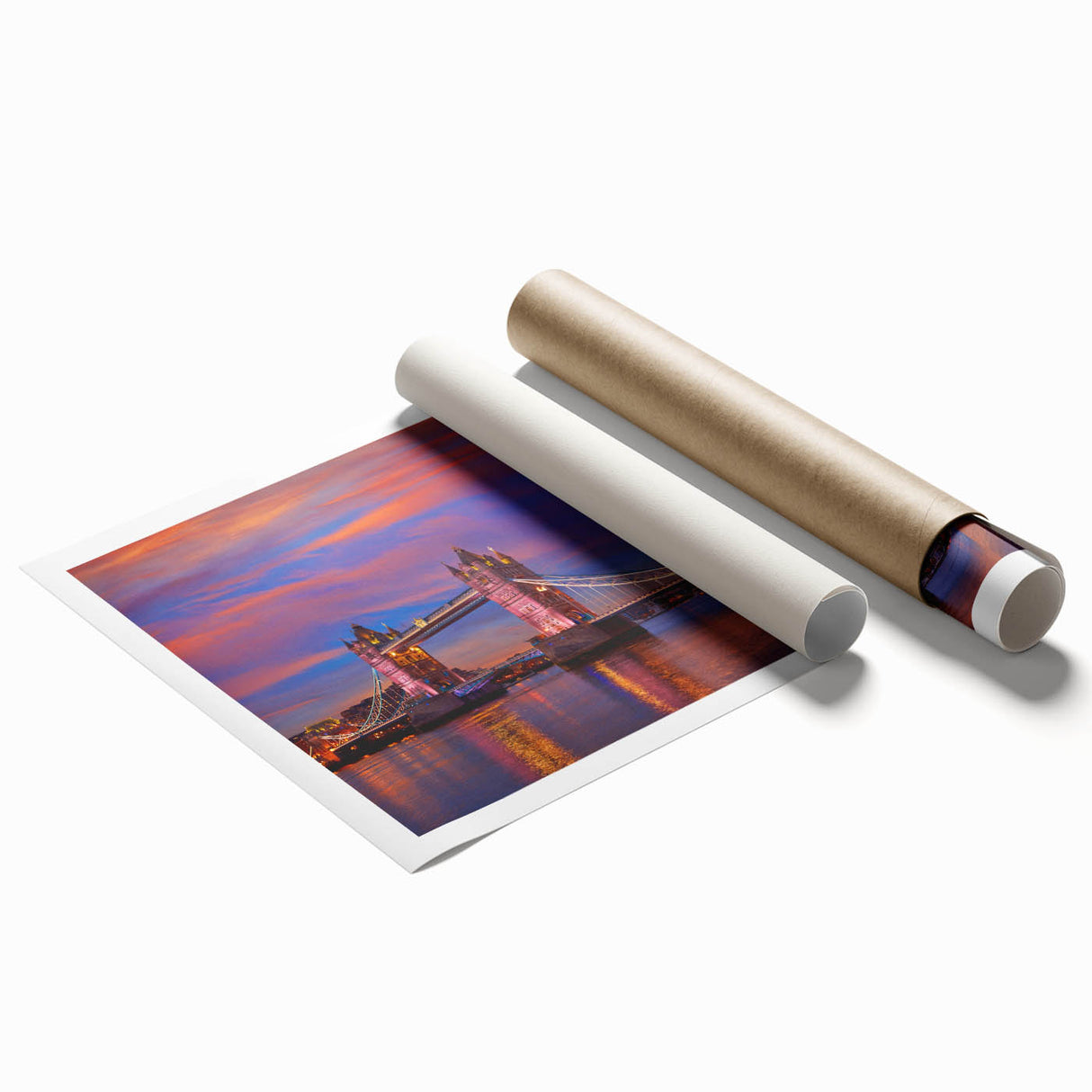 Extra large rolled print of Tower Bridge with muted blue and gray tones, ideal for classy bathroom wall art.