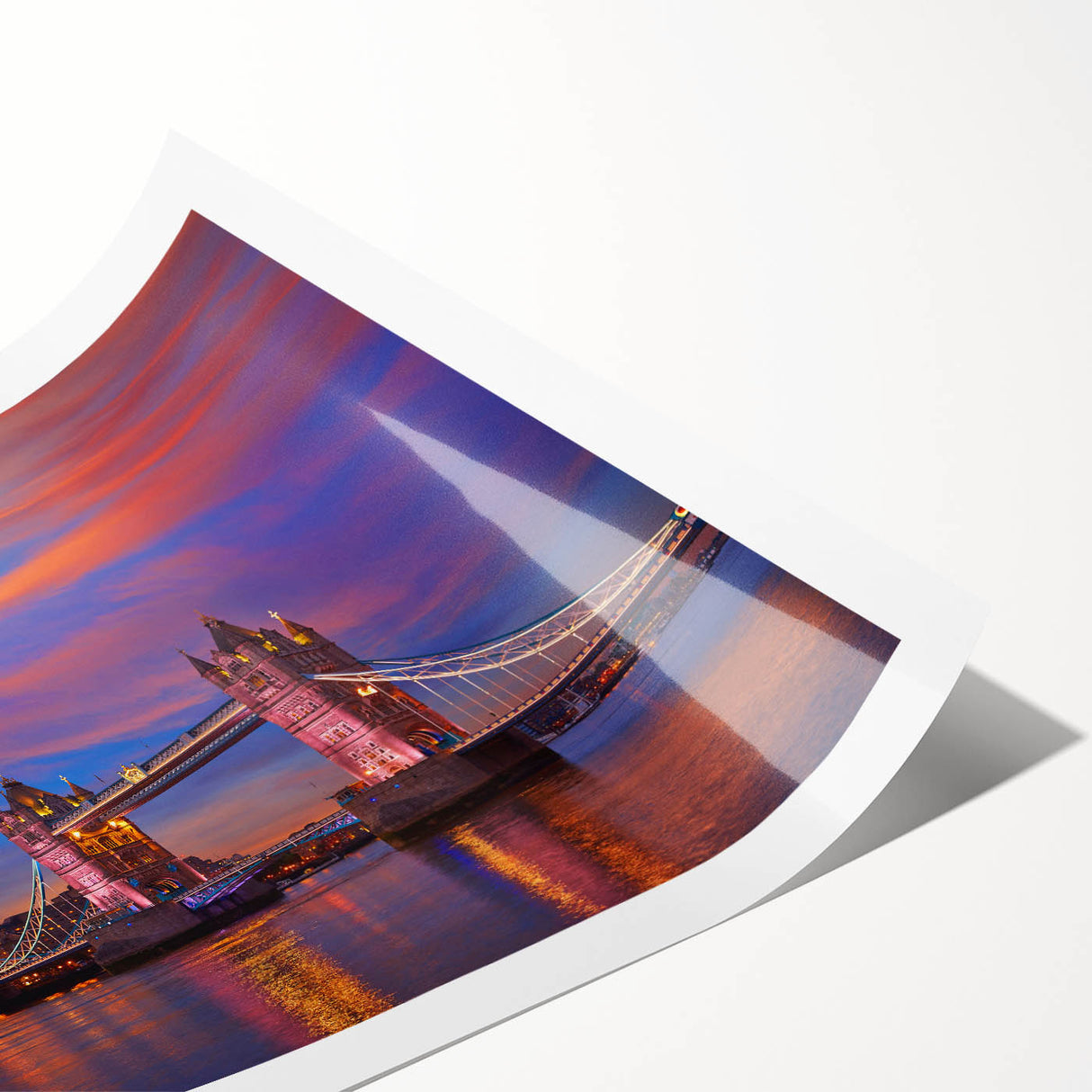Extra large wall art featuring line art flowers over an image of Tower Bridge in muted colors on rolled print.