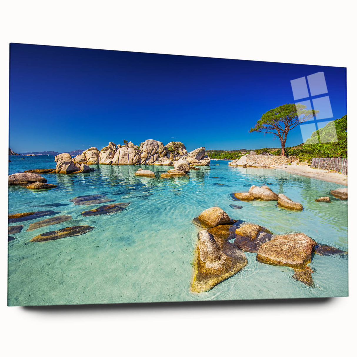 Large abstract wall art of Corsica scenery in muted blue tones on acrylic glass, ideal for bedroom or dining room decor.