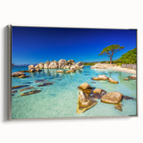 Framed canvas of a vintage-style Corsican landscape with vibrant colors on a black background, ideal for living room decor.