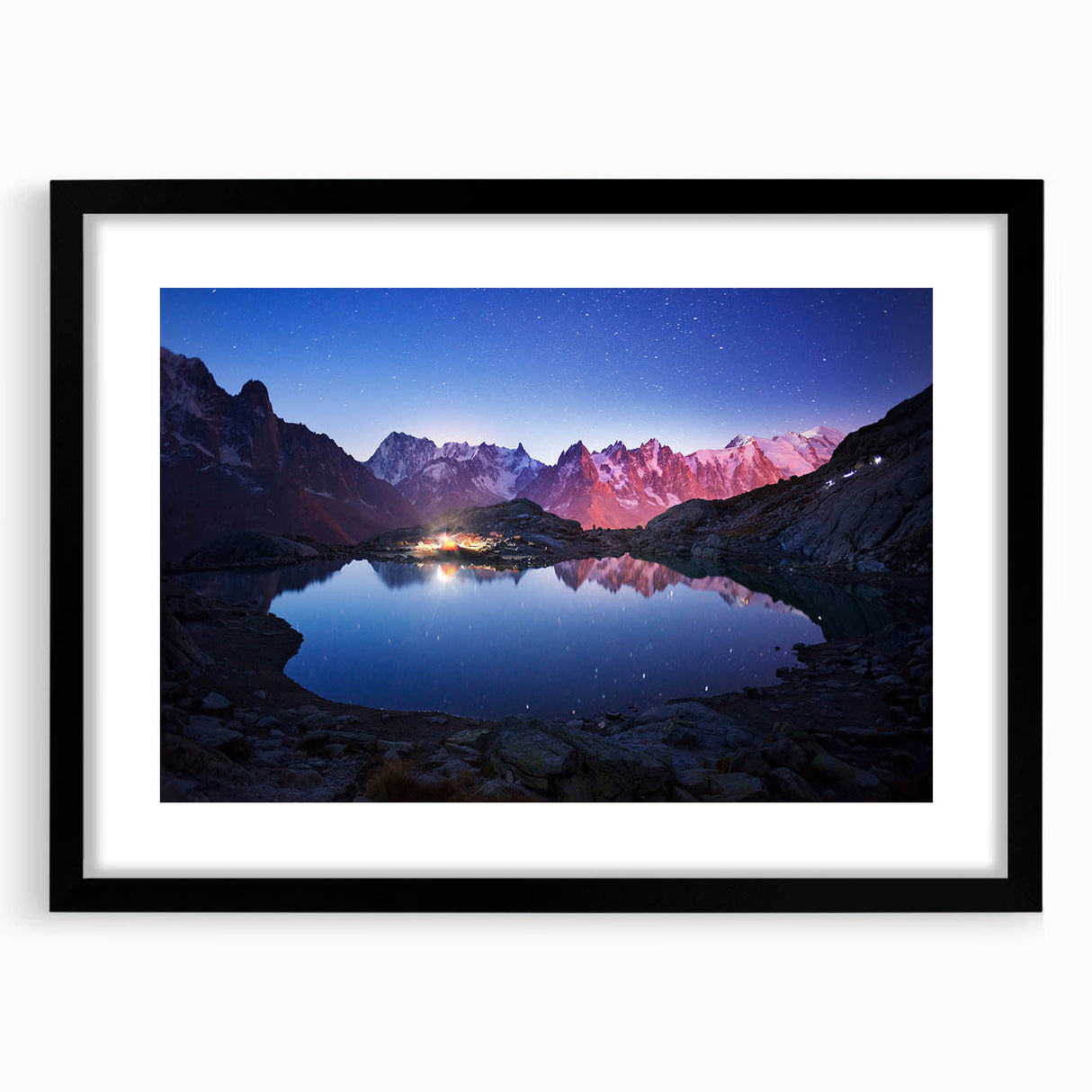 Extra large wall art of the French Alps in vibrant colors and textured abstract art prints, framed in black.