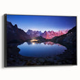 Black and white framed canvas depicting the French Alps, ideal for bedroom wall art with a vintage poster art style.