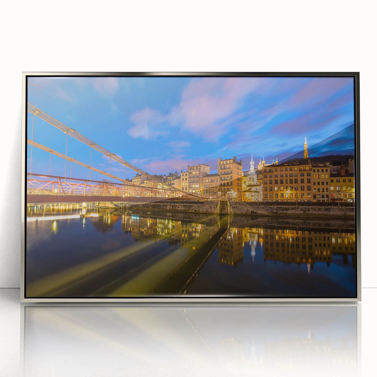 Large art print of Lyon, France with vibrant colors on silver-framed acrylic, ideal for modern art wall decor.