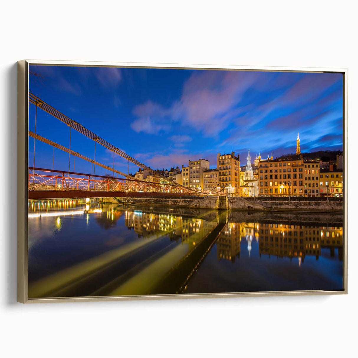 Framed canvas of a vintage-style Lyon landscape in muted gold and black tones, ideal for bedroom wall art.