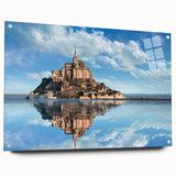 Large abstract depiction of a European landscape on acrylic glass, using broad strokes of blue and green.
