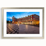 Extra large abstract art print of a textured European scenery, in muted earth tones, framed in silver.