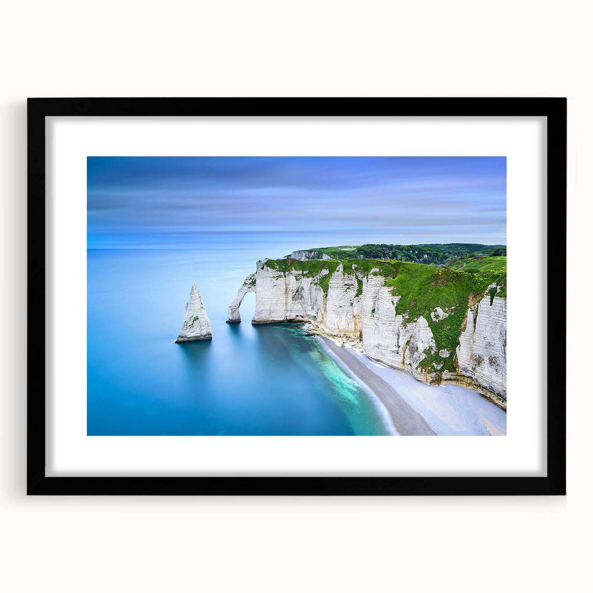 Abstract art print of Normandy scenery in vibrant colors on a textured, extra large canvas, framed in black.