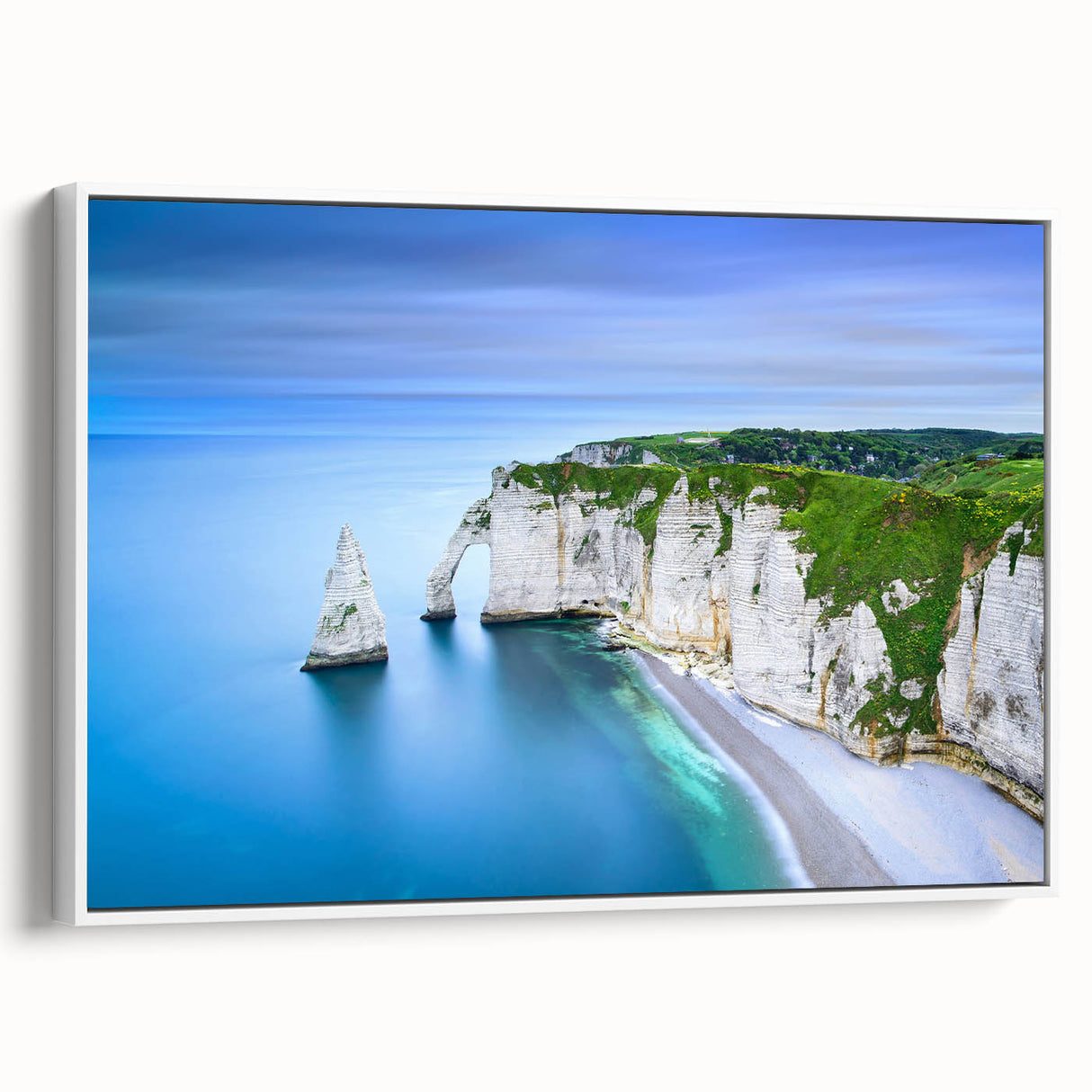 Vintage poster art of a Normandy landscape in a white framed canvas, featuring colorful art on a black background.