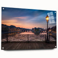 Acrylic print of Paris skyline in muted gray and blue tones, suited for dining room or bedroom decor.