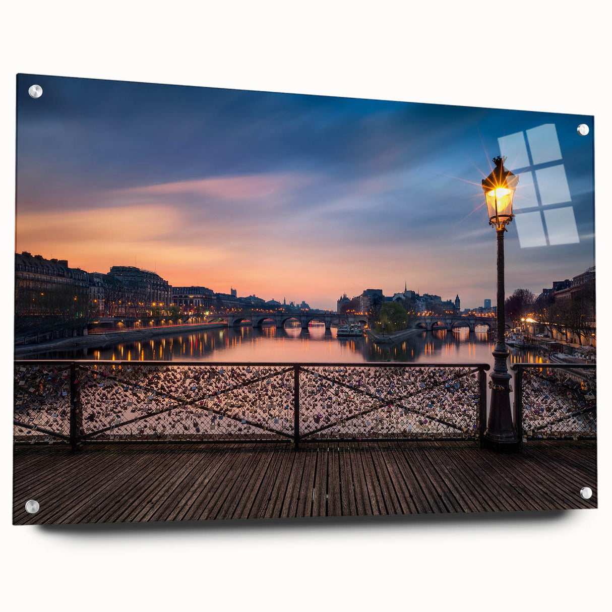 Acrylic print of Paris skyline in muted gray and blue tones, suited for dining room or bedroom decor.