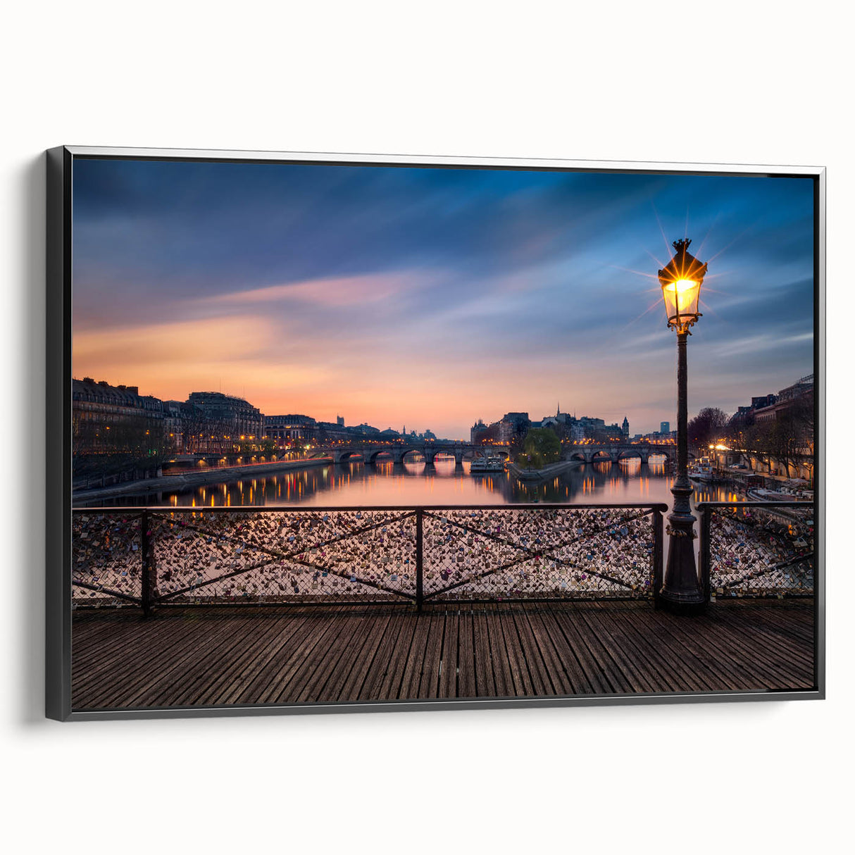 Black and white framed canvas of Paris landscape, ideal for bedroom wall art in a vintage poster style.
