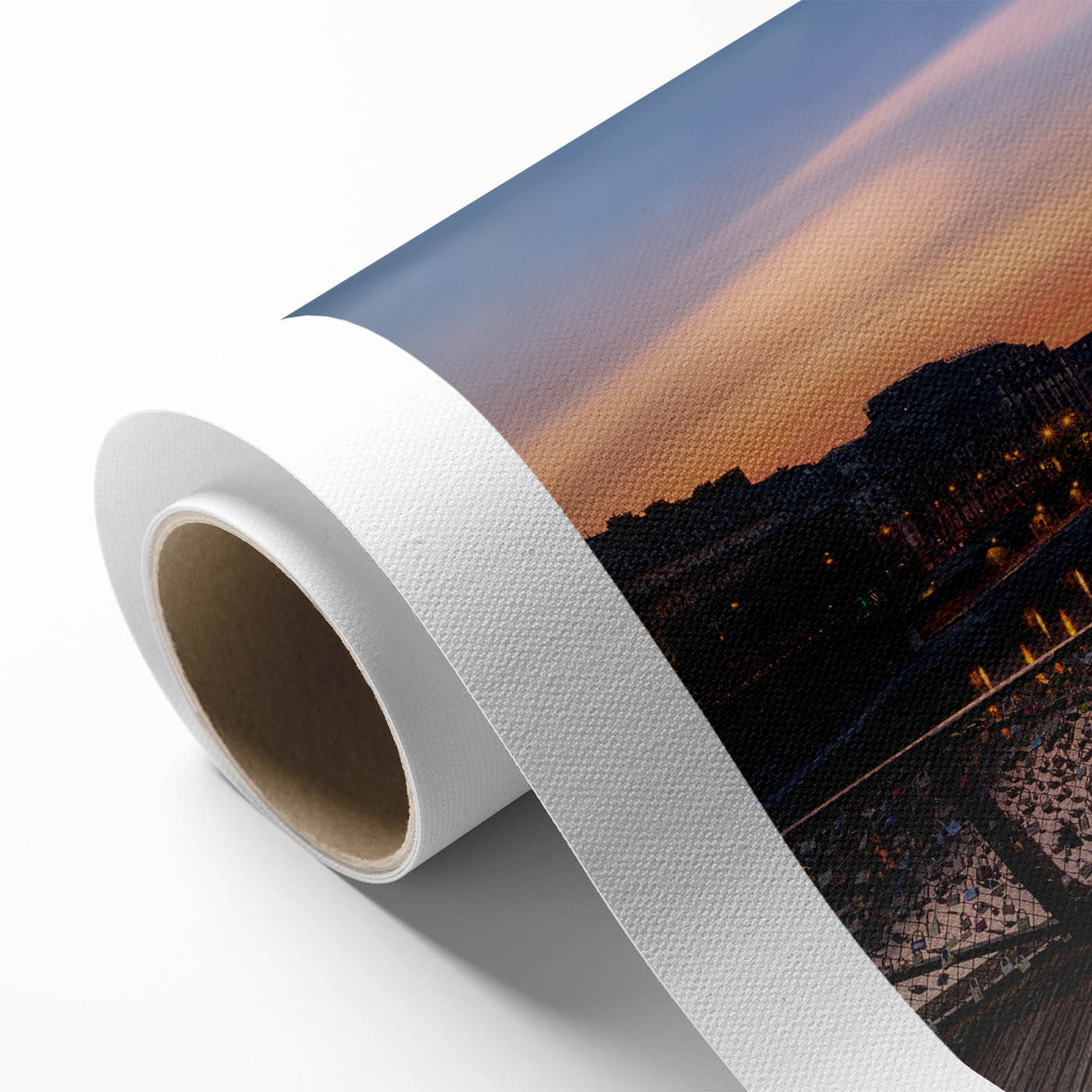 Art deco poster of Paris skyline in pastel shades on rolled canvas, ideal for nursery wall art.