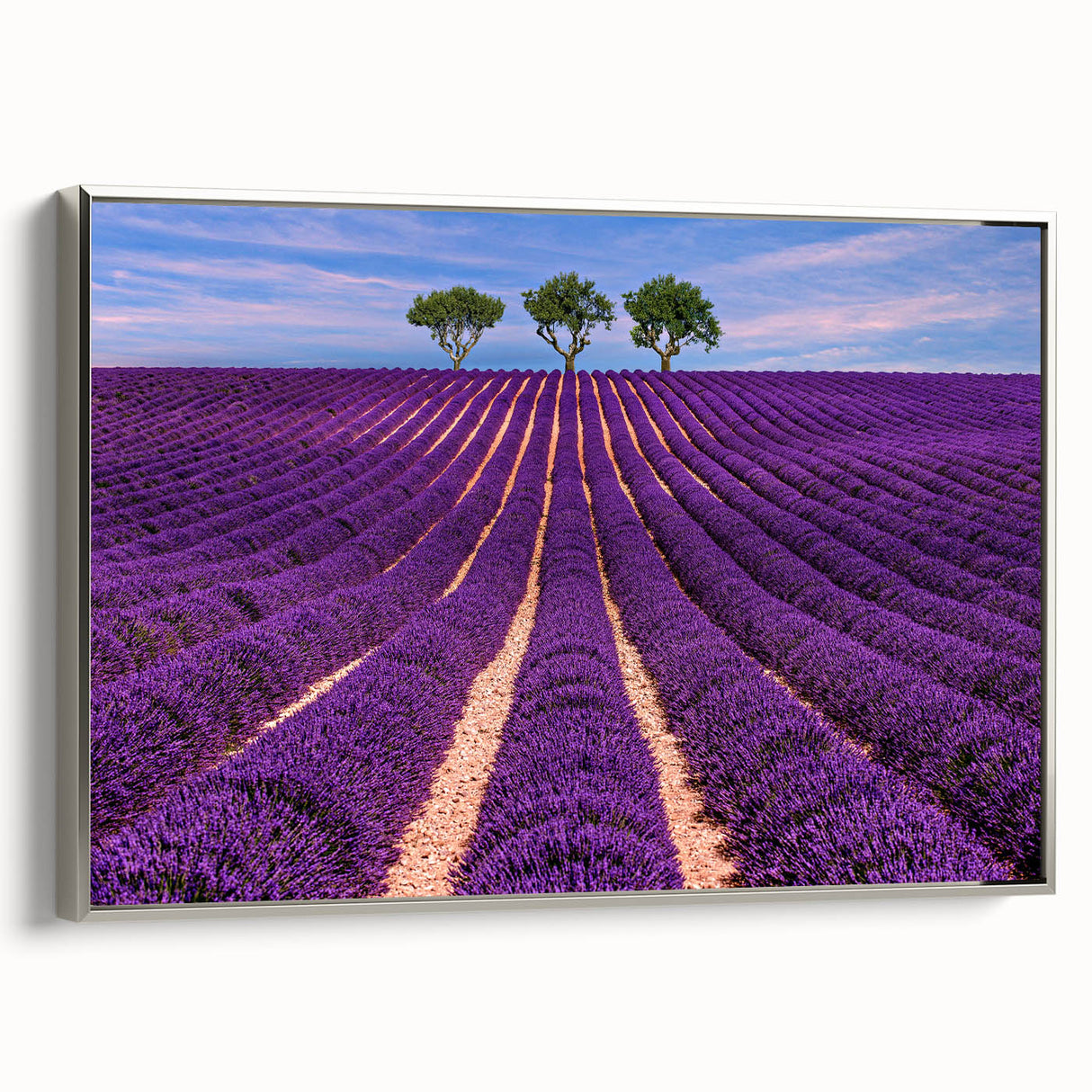 Framed canvas of a vintage-style landscape art painting depicting the colorful Provence countryside.