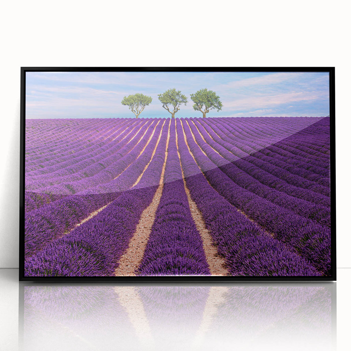 Large abstract wall art depicting a serene Provence landscape in muted earth tones, framed in black acrylic.