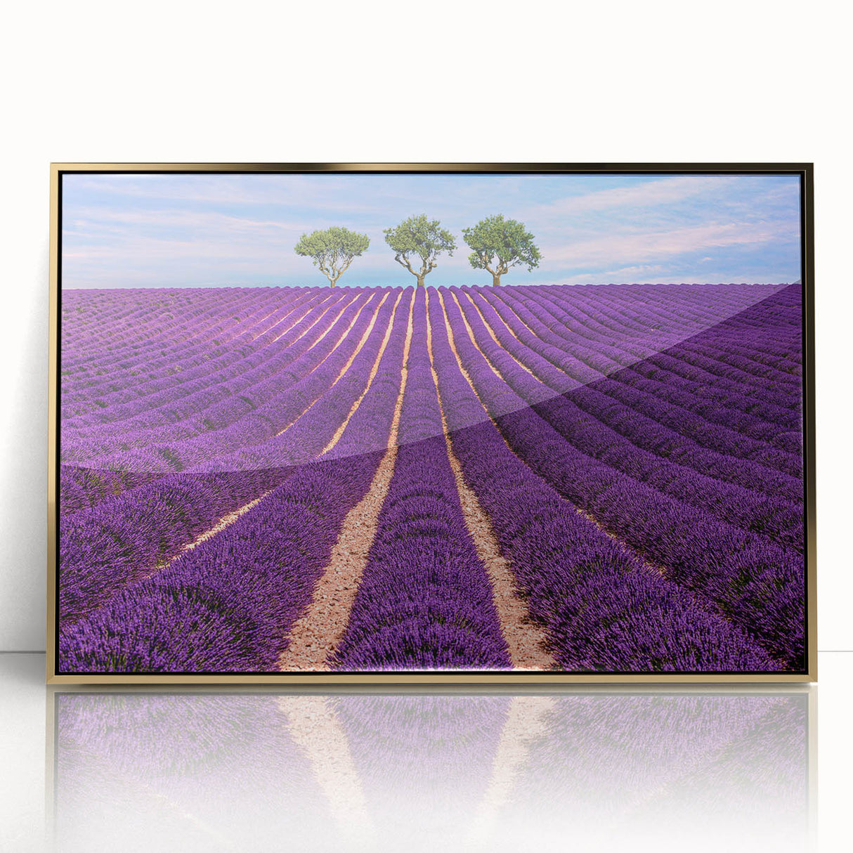 Large art print of a Provence, France scenery in mid-century modernist style, acrylic framed in gold.