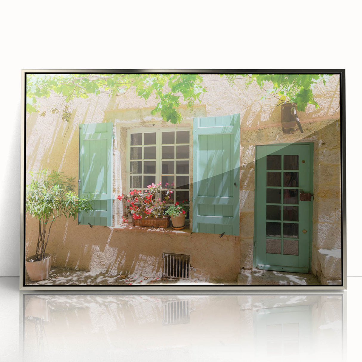 Large art print of a serene South France landscape in soft pastel shades on a silver-framed acrylic.