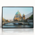 Large abstract wall art featuring muted gray and blue tones of Berlin's skyline on a framed acrylic.