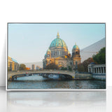 Art deco poster of Berlin skyline in muted gray on white acrylic, framed, suitable for modern art wall decor.