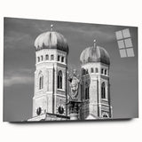 Large abstract depiction of Munich on acrylic glass, featuring cool blue and gray tones.