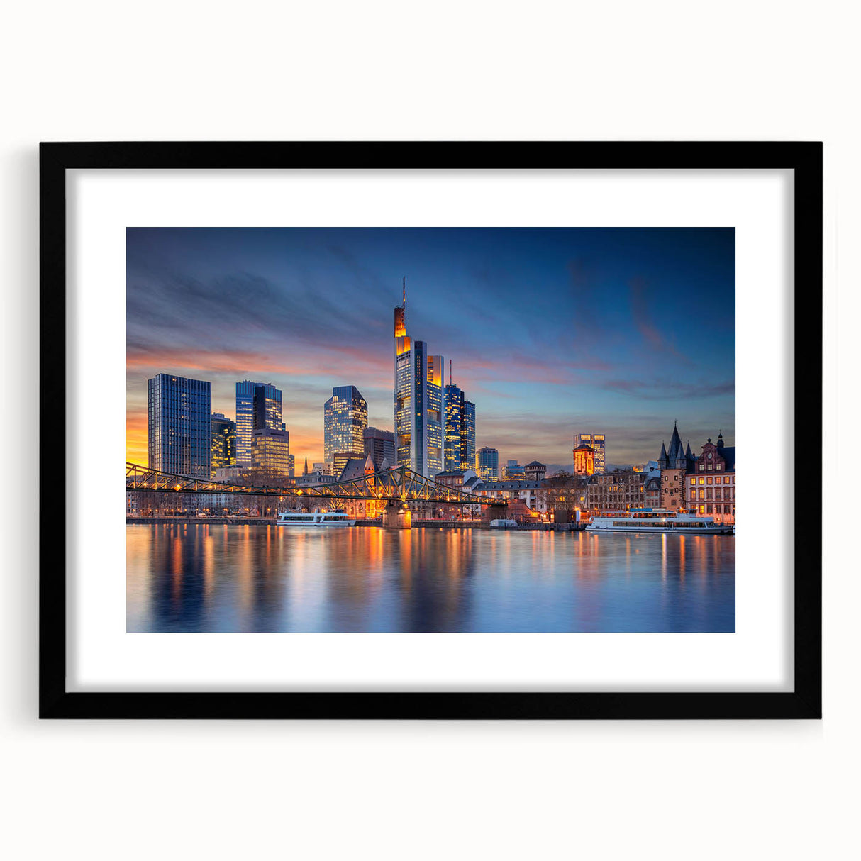 Extra large abstract art print of a vibrant, textured European scenery in a black frame, ideal for living room wall decor.