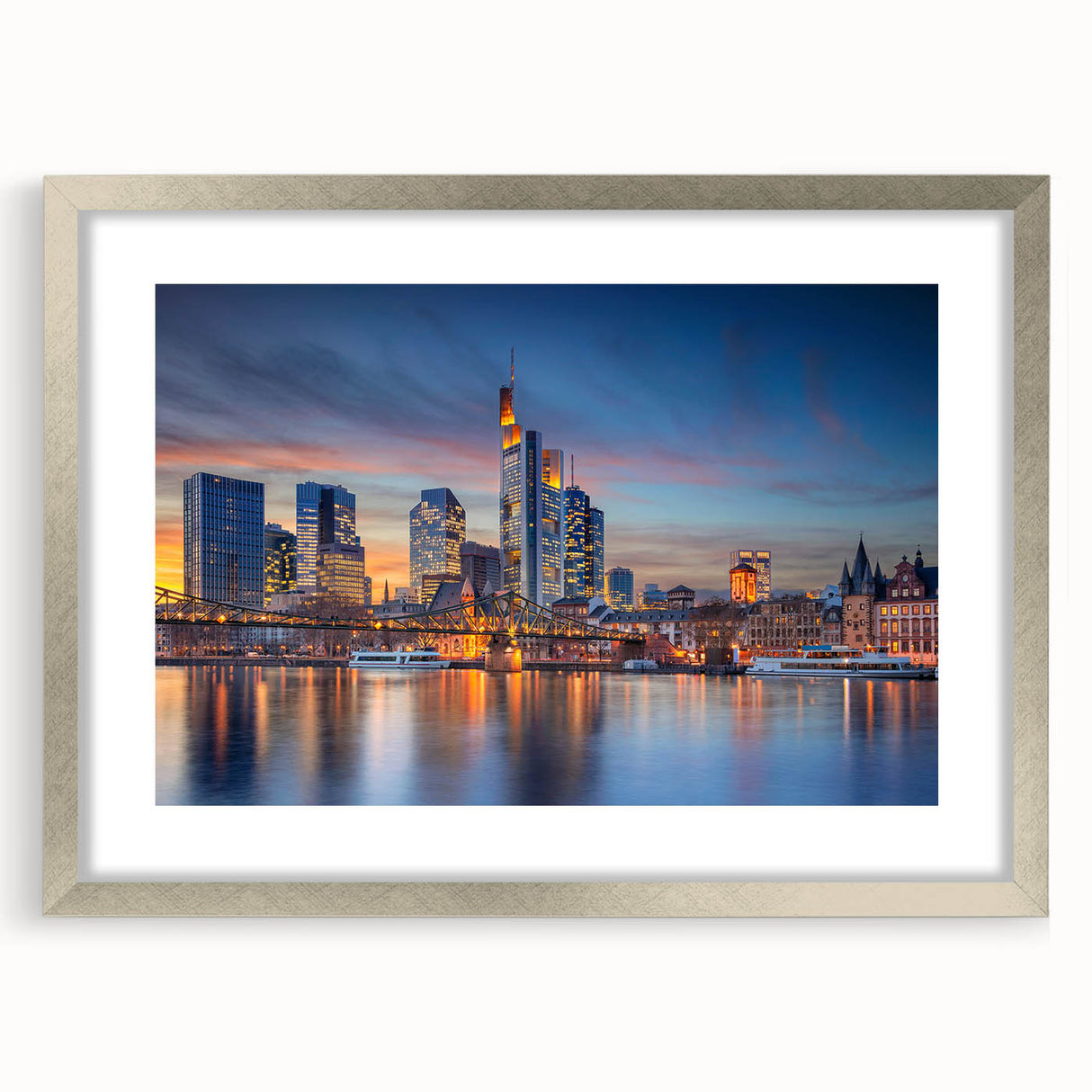 Extra large abstract art print depicting a textured European scenery in muted earth tones, framed in silver.