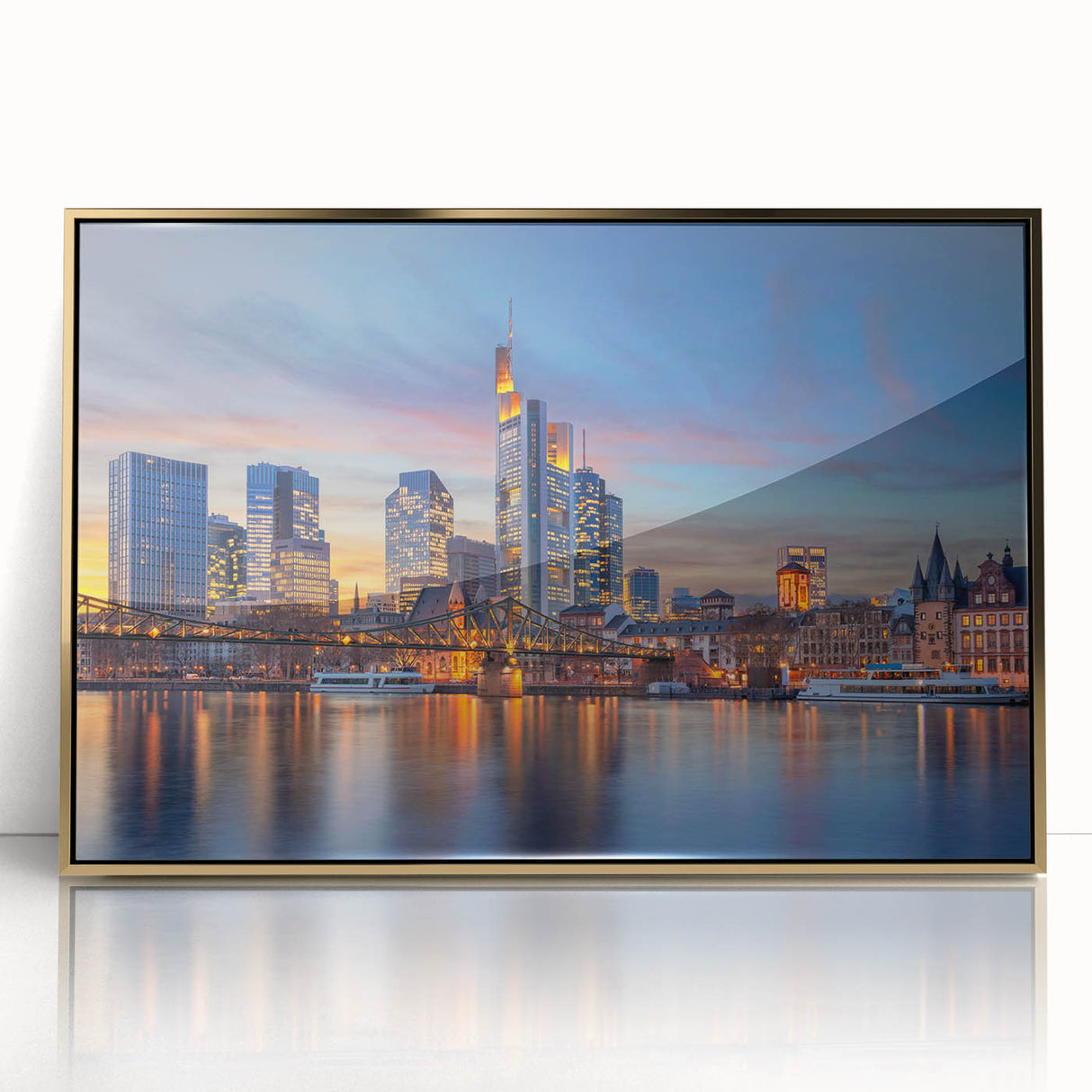 Acrylic print of a serene European landscape in muted greens and blues, framed in gold, suitable for modern art wall decor.