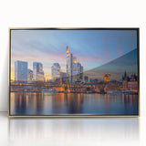 Acrylic print of a serene European landscape in muted greens and blues, framed in gold, suitable for modern art wall decor.