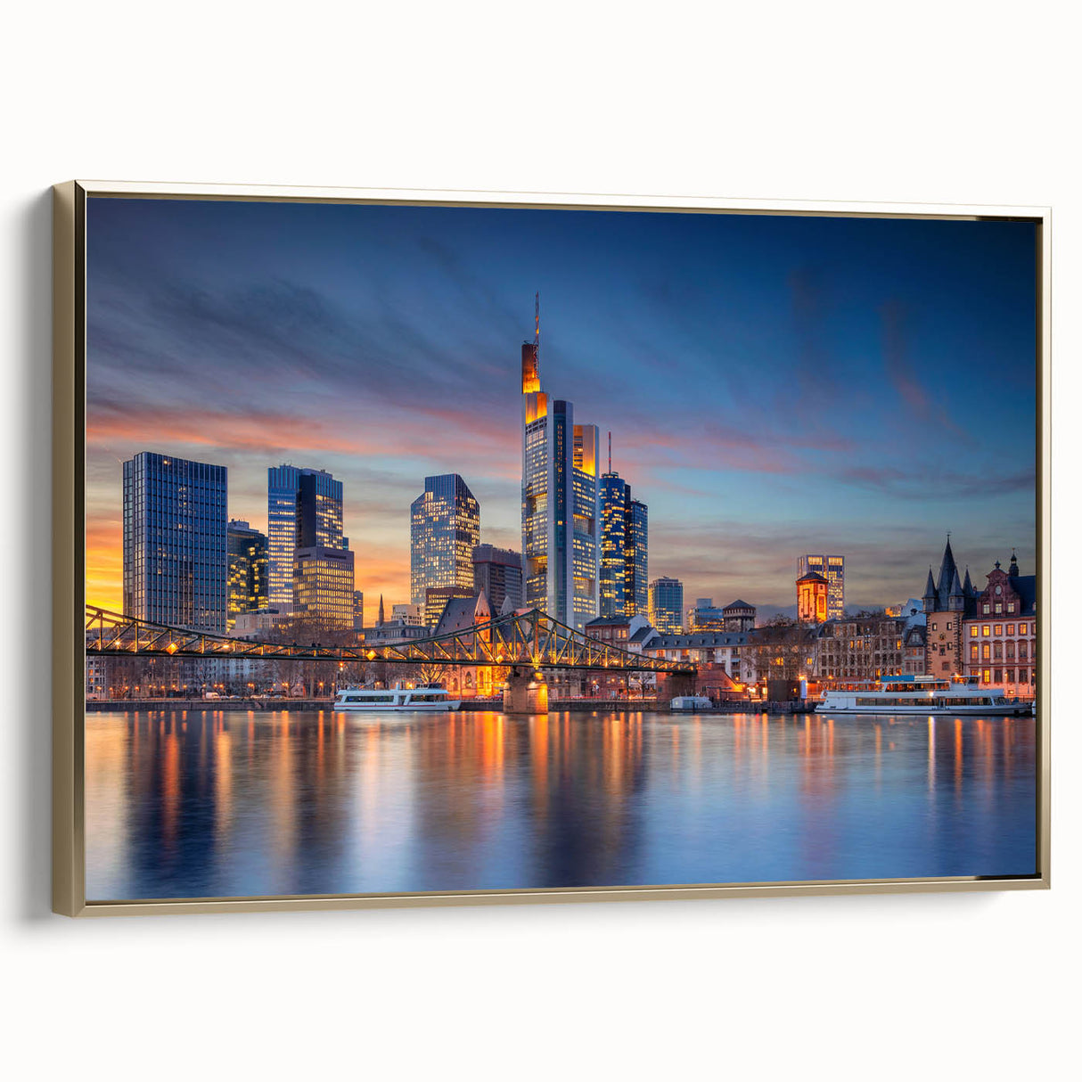 Framed canvas depicting a vintage-style German landscape in muted gold and black tones, ideal for bedroom wall art.