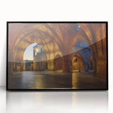 Large abstract wall art depicting a European scene in Rhodes, Greece, with muted colors on a black framed acrylic.