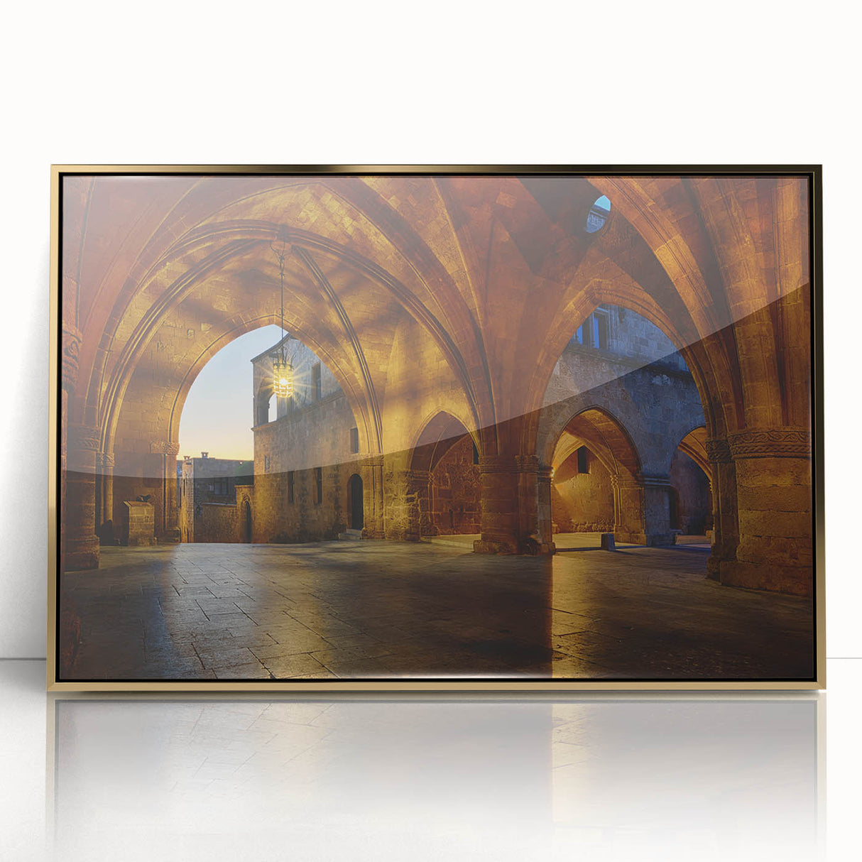 Art deco poster featuring a scenic Rhodes, Greece landscape in gold and blue hues on a framed acrylic.
