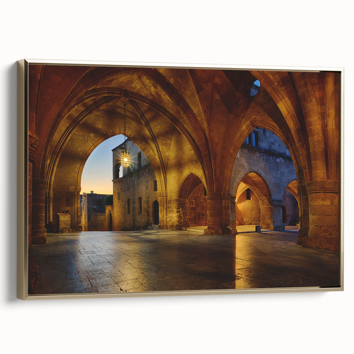 Black and white framed canvas of Rhodes landscape in a vintage poster style, ideal for bedroom decor.