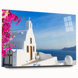 Acrylic print of Santorini with vivid blue and white hues, ideal for bedroom or dining room decor.