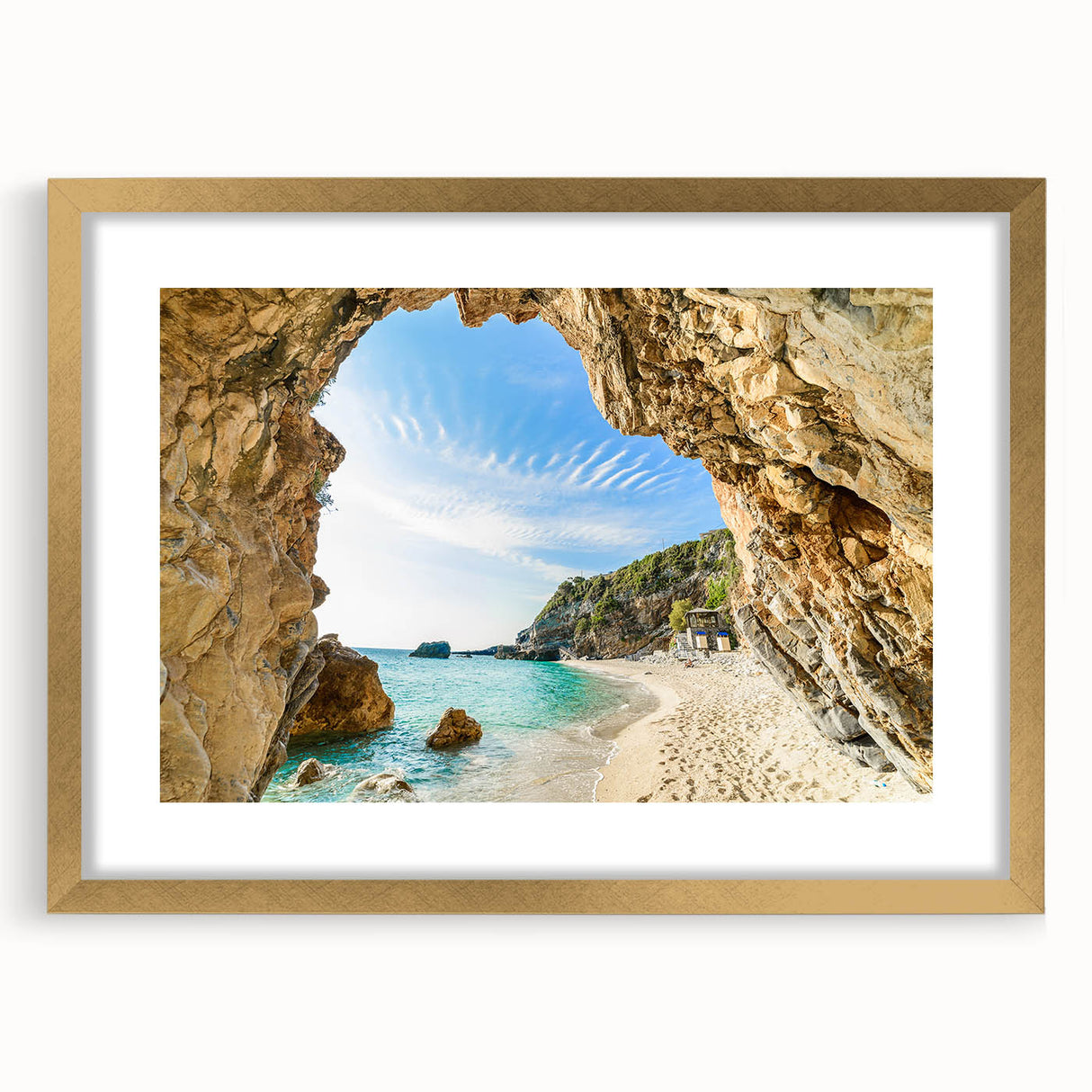 Abstract art print of a European landscape in muted gold and blue tones, framed in gold, suitable for dining room decor.