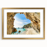 Abstract art print of a European landscape in muted gold and blue tones, framed in gold, suitable for dining room decor.