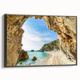Black and white framed canvas featuring a vintage poster art style landscape of a European town.