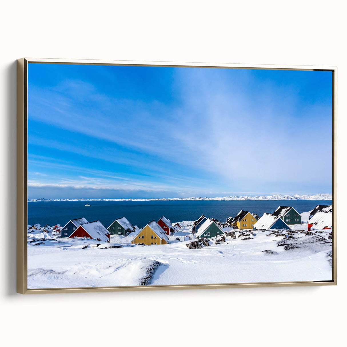 Framed canvas featuring a vintage-style landscape painting of Greenland, with muted green and black tones.