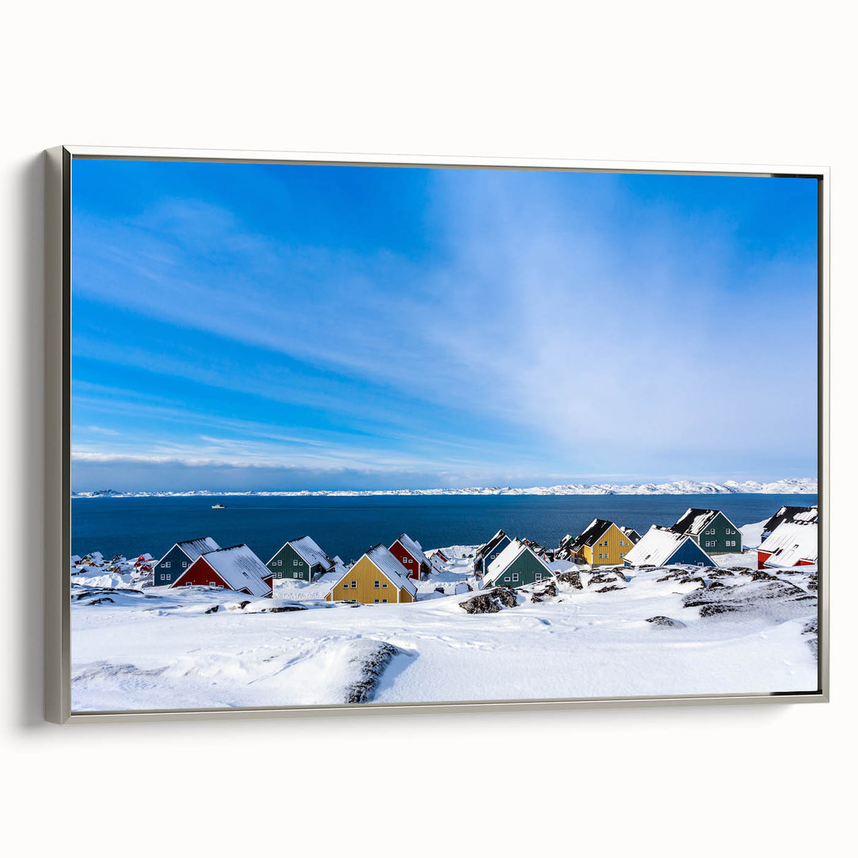 Framed canvas featuring a vintage-style landscape painting of Greenland with muted green and blue tones.