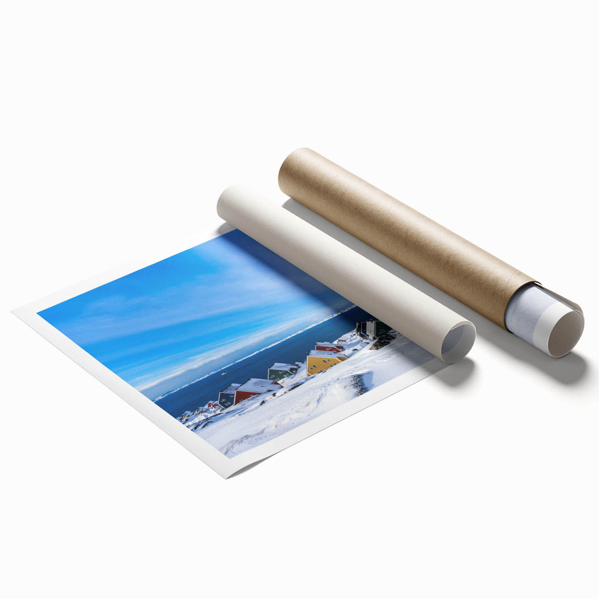 Extra large rolled print of a Greenland landscape with vibrant green and blue tones, ideal for classy bathroom wall art.
