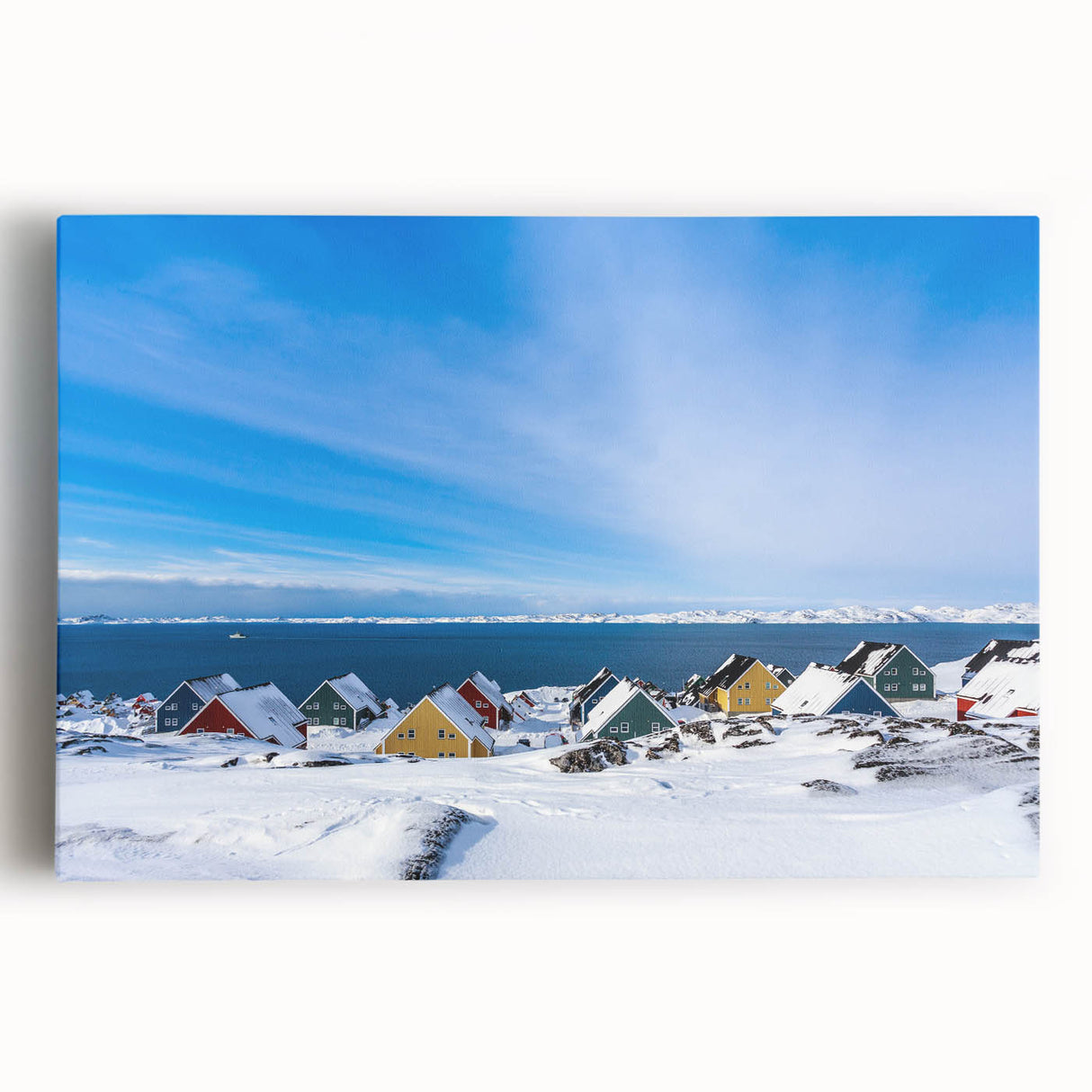 Black and white photograph of a Greenlandic landscape on stretched canvas, ideal for kitchen wall art.