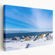 Large art depicting a serene Greenland landscape on stretched canvas, featuring muted green and blue tones.