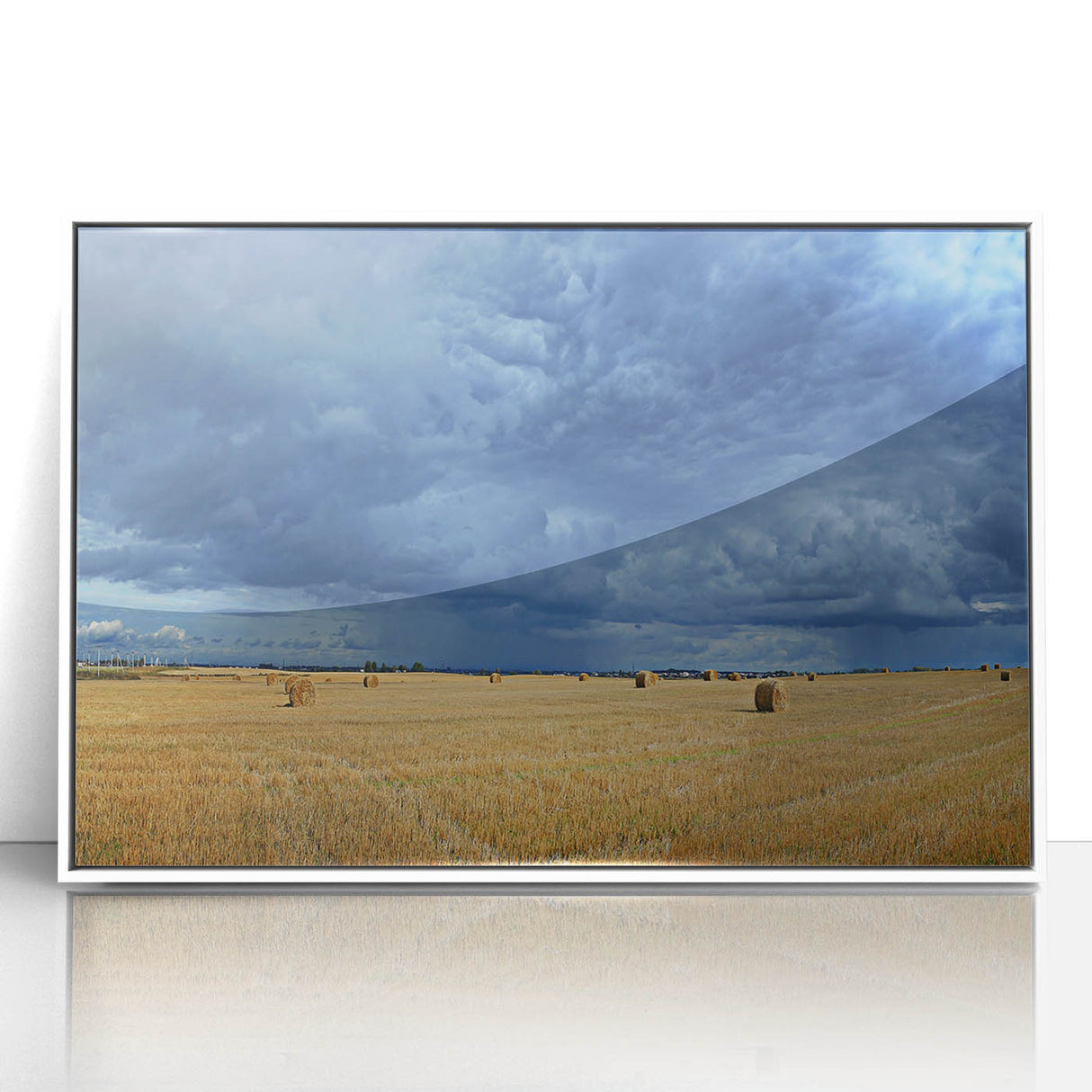 Acrylic print of a serene Hungarian landscape in muted green and blue, framed in white, suitable for modern art wall decor.