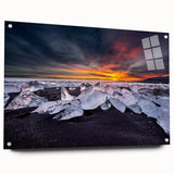 Acrylic print of an Icelandic landscape in muted blues and greens, ideal for dining room decor.