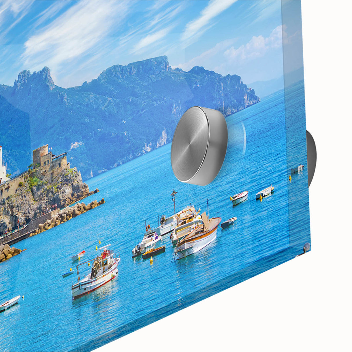 Acrylic print of the Amalfi Coast in vibrant colors, suitable for bedroom or dining room decor.