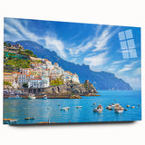 Acrylic print of the Amalfi Coast in pastel shades, ideal for dining room art, reflecting mid-century modernist style.