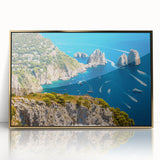 Acrylic print of a serene Capri landscape in muted earth tones, framed in gold, ideal for modern art wall decor.