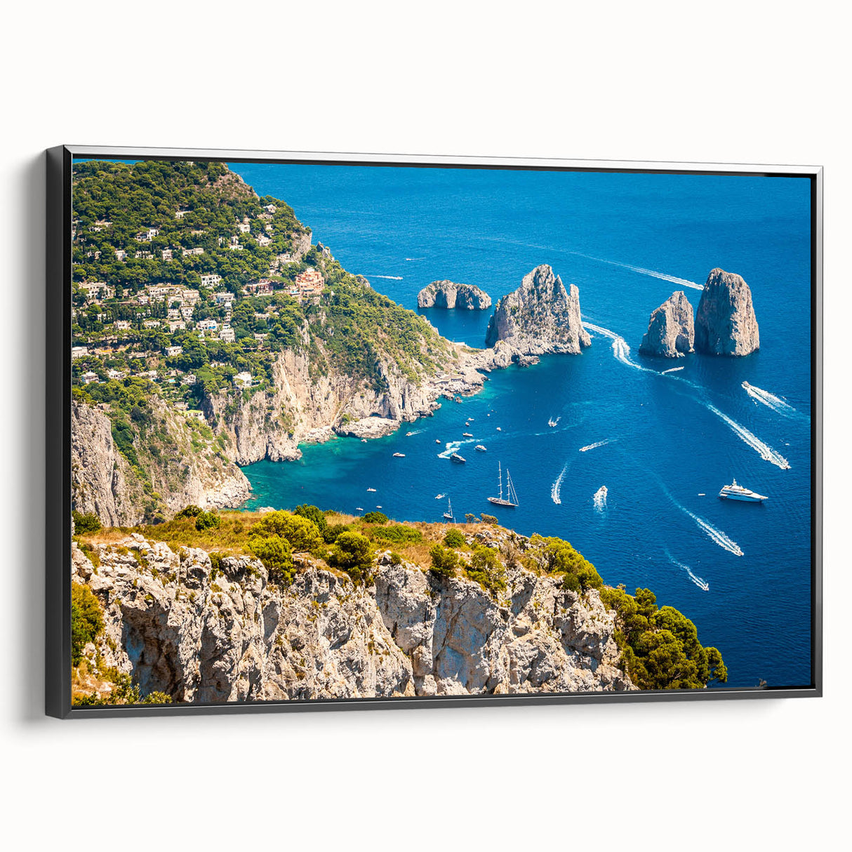 Black and white framed canvas of a vintage Capri landscape, ideal for bedroom wall art.