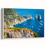 Vintage poster art of Capri, Italy on framed canvas, featuring vibrant colors against a black background.